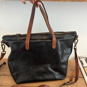 Madewell the zip transport tote black with tan handles